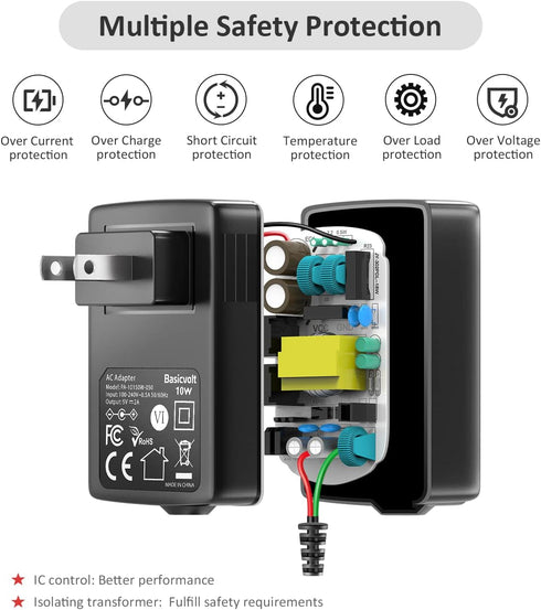 5V 2A AC Adapter, Basicvolt Versatile 5Volt 2Amp Power Supply Wall Charger Power Adapter w/ 8 Tips for Camera, BT Speaker, GPS, USB Hub, TV Box, W...
