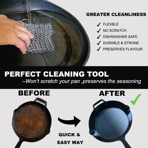 Cast Iron Scrubber 6 Inch Stainless Steel Scrubber Cast Iron Cleaner Household Chain Scrubber for Cast Iron Pans, Skillet, Wok, Pot, Dutch Ovens C...
