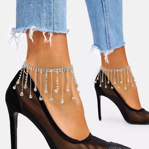 ELABEST Boho Rhinestone Ankle Bracelet Silver Drop Tassel Crystal Dangle Anklet Bracelets High-heeled Trendy Anklet Tennis Foot Chain Nightclub Pa...