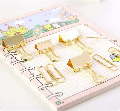 Gold Paper Clips and Binder Clips Set, Metal Assorted Sized Binders with Push Pins, Cute Gold Office Supplies for Desk, Desk Accessories...