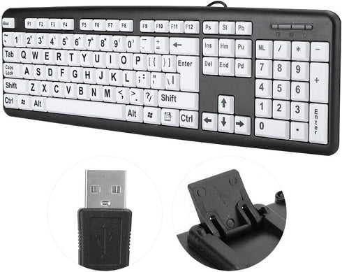 Black Computer Keyboard Wired USB Keyboard Low Vision Keyboard USB Wired Old People Keyboard with White Large Print Keys(Black)...