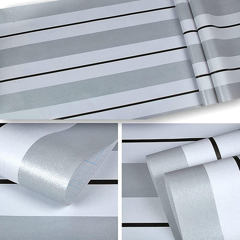 Y13403 Stripe Peel and Stick Wallpaper Silver/White/Black 17.7" x 9.8ft Removable Self-Adhesive Striped Contact Paper Vinyl Film for furniture ren...
