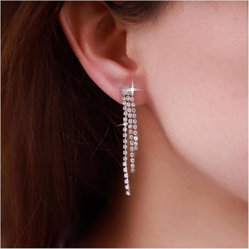 Boho Rhinestone Tassel Earrings Silver Long Crystal Chain Earrings Long Crystal Cz Drop Earrings Vintage Cz Tassels Chain Earrings Wedding Chandel...