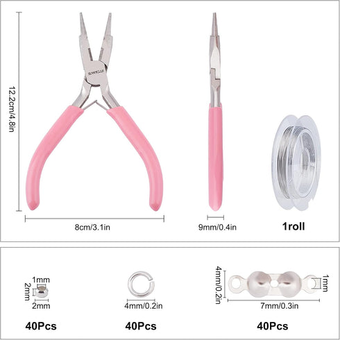 SUNNYCLUE Jewelry Pliers Making Supplies Kit Round Nose Pliers 32Feet Copper Jewelry Wire 40pcs Jump Rings 40pcs Crimp Beads & 40pcs Bead Tips for...