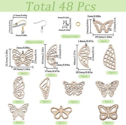 SUNNYCLUE 1 Box 24 Sets Butterfly Wing Earrings Making Kit Bohemian Wooden Wing Charm Butterfly Charms Unfinished Natural Wood Filigree Charms for...