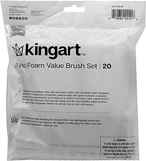 KINGART 242-20 Foam 20 Pc. Value Pack 2" Brush Set, Short Wood Handle, for Oil, Acrylic & Watercolor Paint, Great for Crafts, DIY Home Projects, H...