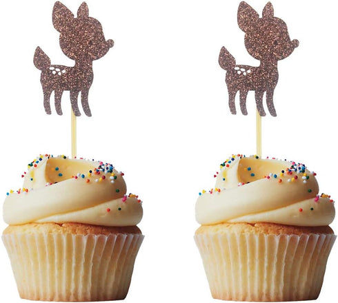 Morndew 24 PCS Brown Glitter Baby Deer Fawn Cupcake Toppers for Baby Shower Wedding Party Woodland Birthday Party Decorations...
