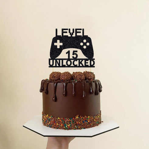 Level 15 Unlocked Cake Topper, Video Game Cake Topper, Game Controller Cake Topper for 15th Birthday Party Decoration...
