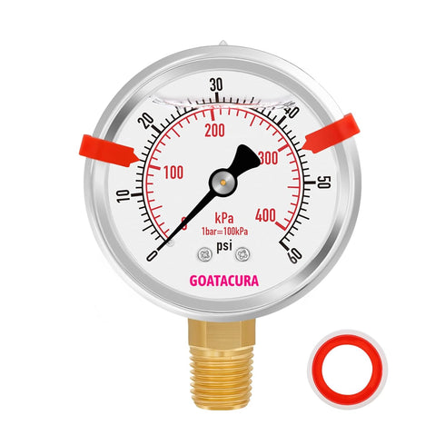 0-60psi Glycerin Filled Pressure Gauge, 2-1/2" Dial Size, Stainless Steel Case, with Red Range Mark, 1/4" NPT Lower Mount, for Measuring Air Compr...