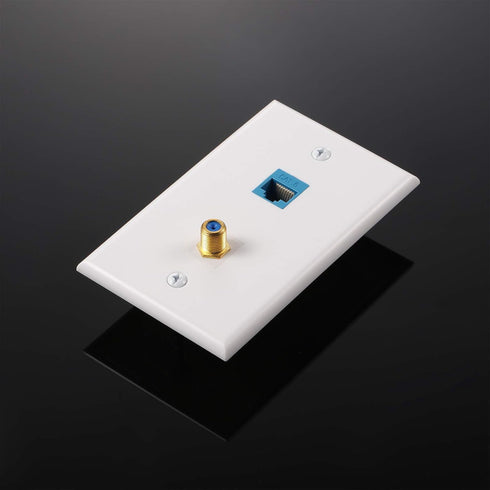 4 Pack Ethernet Coax Wall Plates, Cat6 Coax Wall Plate with Ethernet Port and Gold-Plated TV Coax Cable F-Type Port (Blue)...