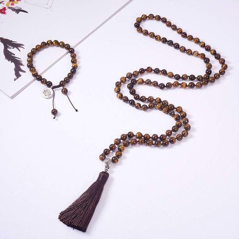 SUNNYCLUE 1 Set 108 Tiger Eye Gemstone Mala Beads/Buddha Beaded Necklace Jewelry Making Kit - DIY Make 1 Hand Knotted Prayer Tassel Pendant Neckla...