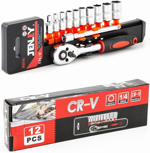 Ratchet Socket Wrench Set 1/4 Inch Drive, Mechanic Tool Kit with 4mm-13mm Metric Sockets, Release Ratchet Handle and Extension bar,Plastic Rack 12...