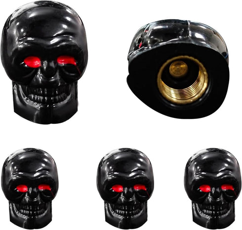 5 PCS Skull Style Tire Valve Stem Caps with Rubber Ring, Red Eyes Car Air Caps Cover, Antirust Copper Liner Tire Caps, Universal Stem Covers for C...