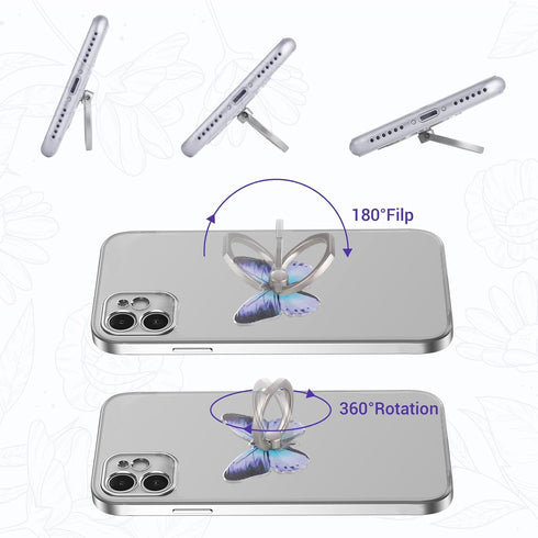 3 PCS Cell Phone Ring Stand Holder, Cute Butterfly Painted Pattern Metal Finger Kickstand 360 Degrees Rotation Ring Holder Grip with Knob Loop Com...