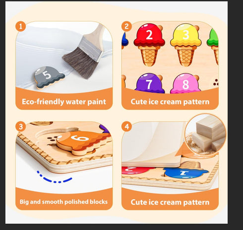 Wooden Puzzles for Toddlers,Montessori Toys,Preschool Learning Activities,Peg Puzzle with Ice Cream Shape and Color Number Matching Educational To...