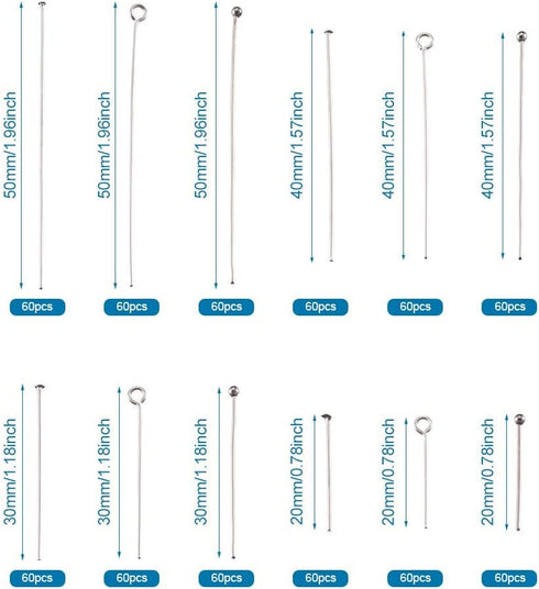 Fashewelry 720pcs Stainless Steel Open Eye Pins Flat Headpins Round Ball Point Head Pins 20-50mm Metal Wire Pins 4 Sizes for Jewelry Craft Making ...