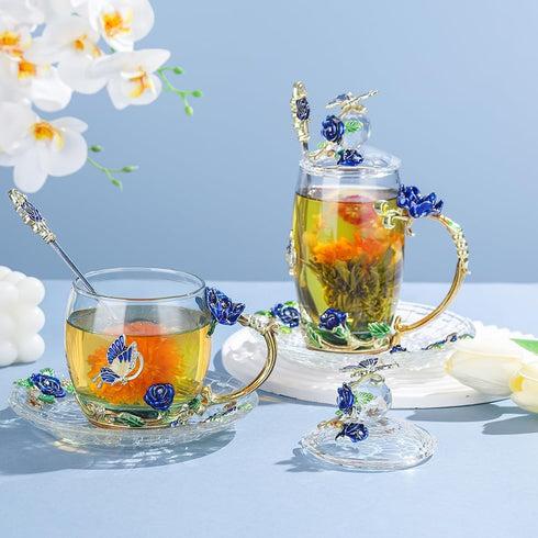Glass Coffee Mug Birthday Christmas Gift for Women Mom Sister Girlfriend Coworker Flower Butterfly Tea Cup Antique Coffee Mug with Lid Spoon Sauce...
