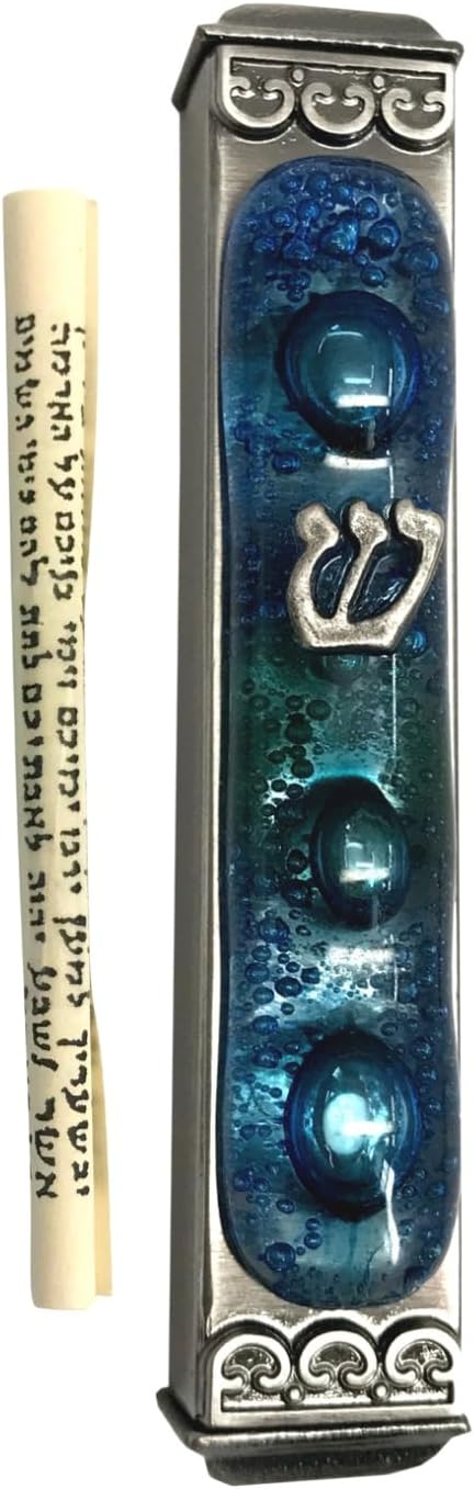 Tamara Baskin Art Glass Mediterranean Sea Mezuzah, Weatherproof Metal Case - Gift Box and Scroll Included - Handmade in the USA - Guaranteed for L...