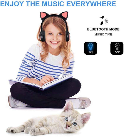 Wireless Bluetooth Cat Ear Headphones with Mic 7 Colors LED Light Flashing Glowing On-Ear Stereo Headset Compatible with Smartphones PC Tablet...