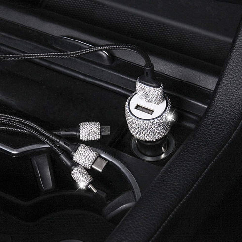 Bling Car Charger with USB Cable Set,Luxury Crystal Car Accessories Kits for Girls & Women,Rhinestone Dual USB Car Charger with Bling 3 in 1 Nylon...