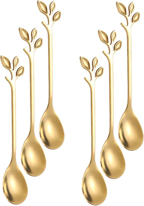 Gold Leaf Coffee Spoon Set of 6, Ice-Cream Tea Stirring Spoons 4.7 Inches Retro Dessert Demitasse Espresso Spoons Stainless Steel Mini Cutlery Kit...