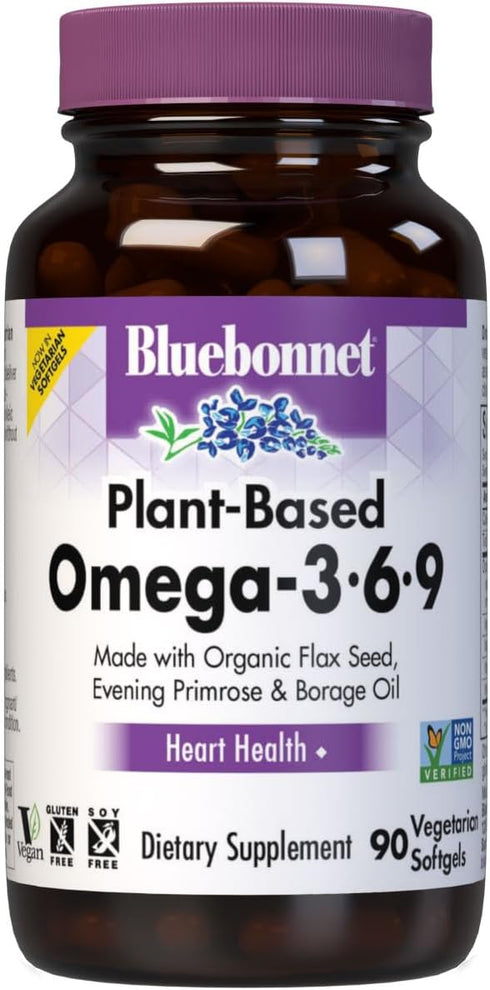 Bluebonnet Nutrition Plant Based Omega 3-6-9-1000 mg – for Heart Health* – Highly Absorbable Cold Pressed Oil – Non-GMO Project Verified, Vegan – ...