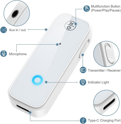 Aux Bluetooth Adapter for Car, 2 in 1 Wireless Bluetooth Transmitter Receiver, Built-in Mic Hands-Free Calls Crystal Clear Sound, for Cars Headpho...