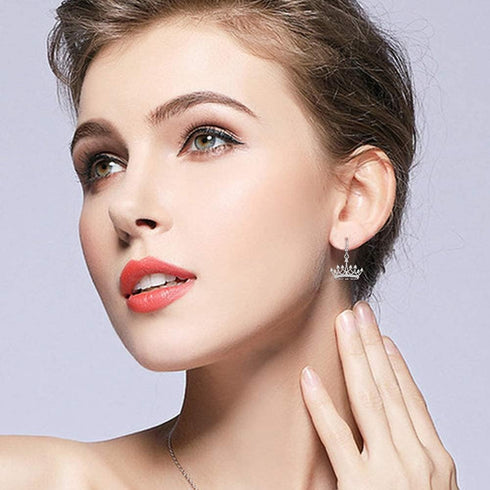 Sterling Silver Round Cubic Zirconia Crown Dangle Earrings for Women Queen Jewelry Mothers Day Gifts for Mom Valentines Christmas Birthday Jewelry...