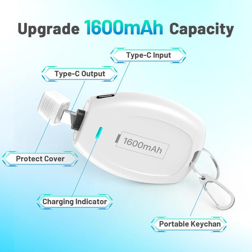 USB C Keychain Portable Charger Power Bank Compatible with iPhone 15/15 Plus/15 Pro/15 Pro Max, 1600mAh Mini Type-C Power Emergency Pod Ultra-Comp...