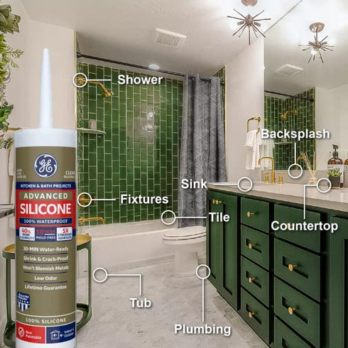GE Advanced Silicone Caulk for Kitchen & Bathroom - 100% Waterproof Silicone Sealant, 5X Stronger Adhesion, Shrink & Crack Proof - 10 oz Cartridge...