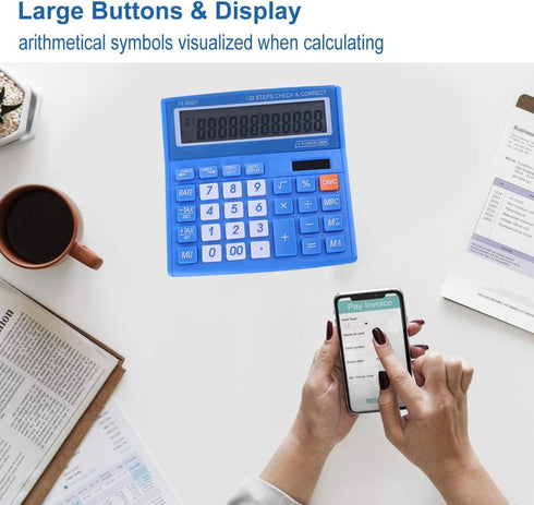 Desktop Calculator Basic Office Desk Calculator 12 Digit with Solar Power and Easy to Read LCD Display, Big Buttons, for Home, Office, School, Cla...