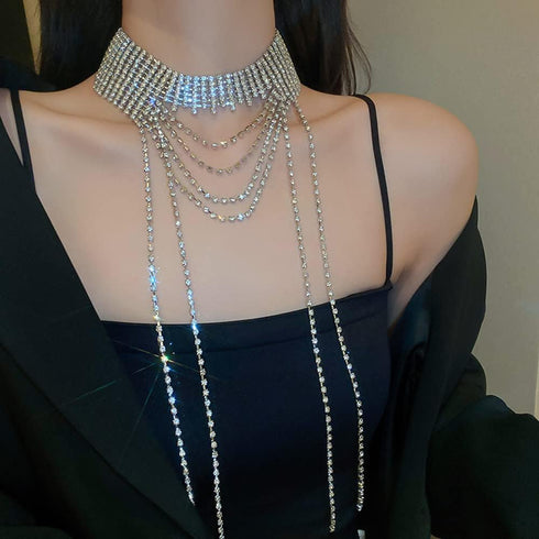 Missgrace Rhinestones Tassels Long Choker Necklaces Dainty Silver Luxurious Necklace Adjustable Rhinestones Pendant Necklaces Dainty Necklaces for...