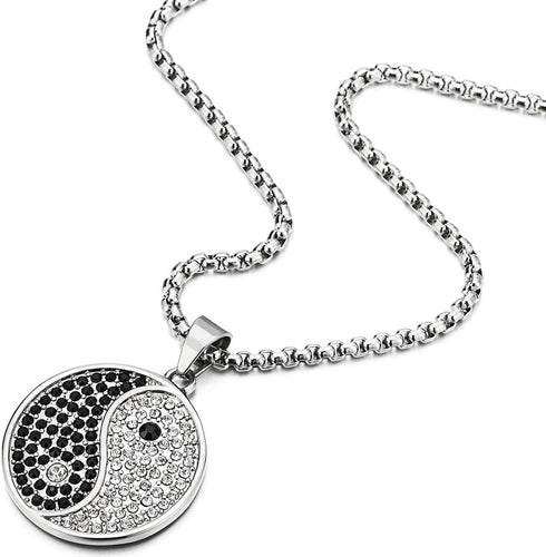COOLSTEELANDBEYOND Mens Women Stainless Steel Black White Cubic Zirconia Yin Yang Pendant Necklace, 30 inch Wheat Chain...