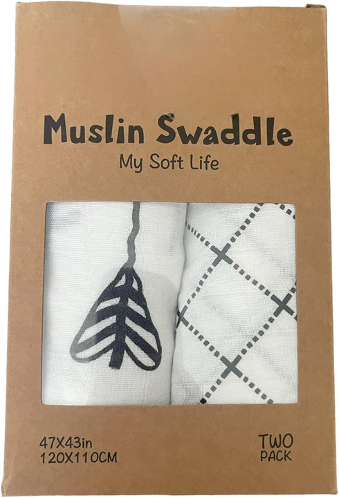 Muslin Swaddle Blanket, 2 Pack Unisex Wrap Soft Silky Gender Neutral Recieving Blanket for Boys and Girls, Large size 47 x 47 Inches, set of 2 Bla...