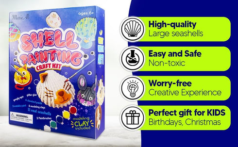 MarieALi Kids' Ultimate Seashell Painting Craft Kit Ocean Adventure – DIY Fun Learning - with Large Shells, Paint, Glitter, Clay & Googly Eyes – F...