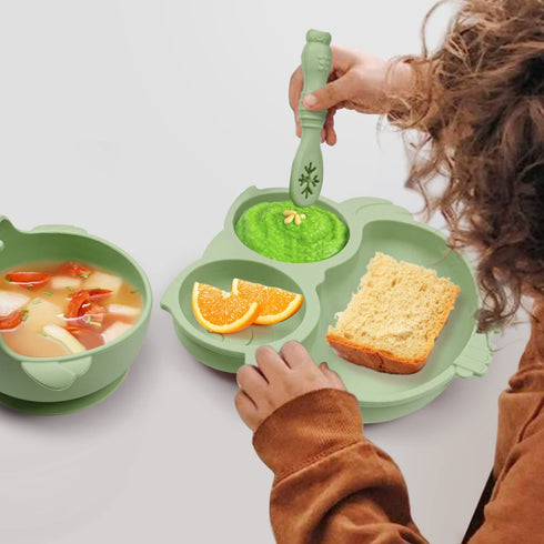 Owl Shape Silicone Baby Feeding Set, Toddler Suction Plates and Bowls Set with Spoons, Kids Silicone Dinnerware Set Eating Utensils, Green...