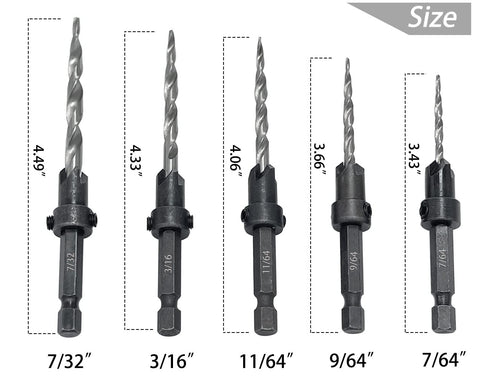 5pcs Wood Tapered Countersink Drill Bit Set Hex Shank Screw Drill Counter Sink Bit 7/64", 9/64",11/64", 3/16", 7/32" Adjustable Drilling Tool Kit ...