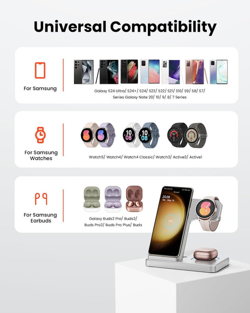Wireless Charger for Samsung Charging Station: GEEKERA 3 in 1 Foldable Phone Charger Stand for Galaxy Watch6/5 Pro/4/3/Active, S24 Ultra/S24 Plus/...