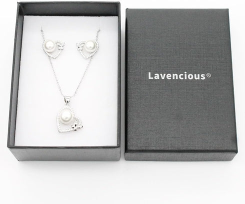 Lavencious CZ and Pearl Heart and Butterfly Shape Pendant Necklace and Cluster Earrings Jewelry Set for Women...