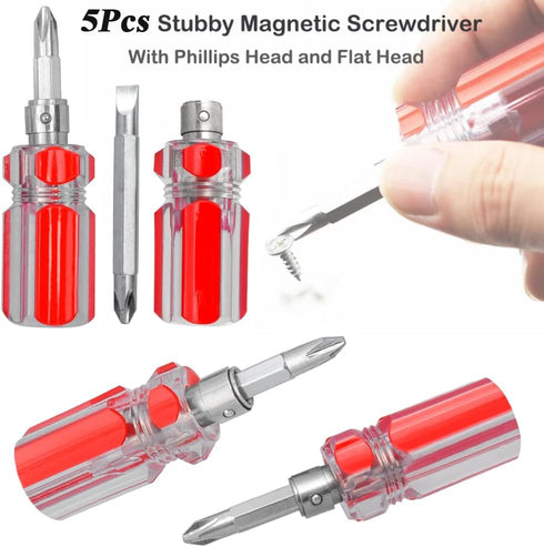 5 Pcs Stubby Magnetic Screwdriver with Phillips Head and Flat Head, 2-in-1 Cross-Head Flathead Interchangeable Bit Tool for Dismantle and Repair...
