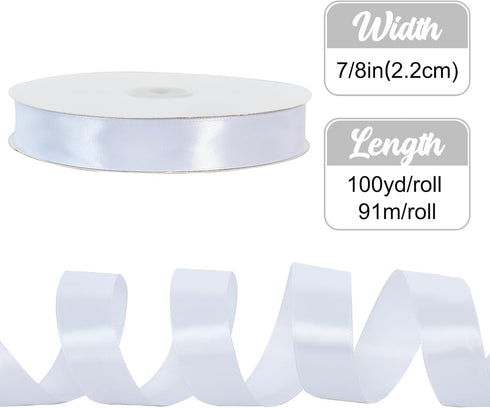 TONIFUL 7/8 Inch x 100yds White Satin Ribbon Thin Solid Frabic Ribbons for Gift Wrapping, DIY Crafts Bows, Invitations, Floral Bouquets, Christmas...