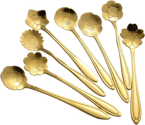 AnSaw 8 Piece Flower Scoop Set, Stainless Steel Reusable Tea Scoops Cake Spoon Set for Tea Parties (4.9 Inch, Gold)...