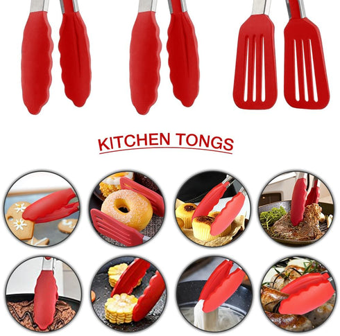 9 Inch Small Kitchen Tongs Set of 3, Silicone Cooking Tongs with Silicone Tips and Stainless Steel Handle, Silicone Tongs for Cooking, Serving(Red...