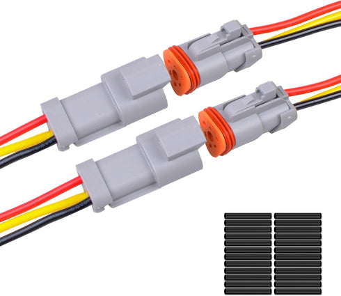 2Pack 3-Pin Waterproof DT Connector Male and Female Wire Connectors with 16AWG 105? 600V Wires and Heat Shrink Tubes, Applicable for Automotive El...