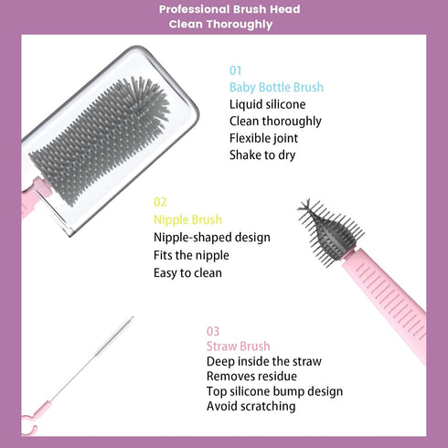 Travel Bottle Cleaner Kit, Silicone Baby Bottle Brush Set with Bottle Brush, Drying Rack, Nipple Brush,Straw Brush,Soap Dispenser, Portable Baby B...