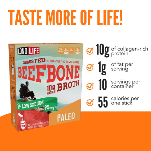 LonoLife Low Sodium Beef Bone Broth Powder Mix | Grass-Fed, 10g Protein | Collagen-Rich, Keto & Paleo Friendly | Natural Ingredients | 10 Portable...