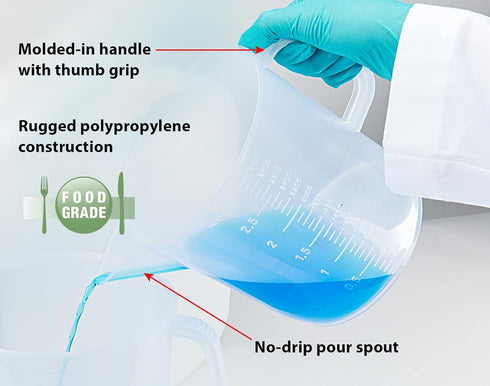 Globe Scientific 601159-1 Polypropylene Short Form Beaker with Handle, Molded Graduations, 3000mL Capacity...