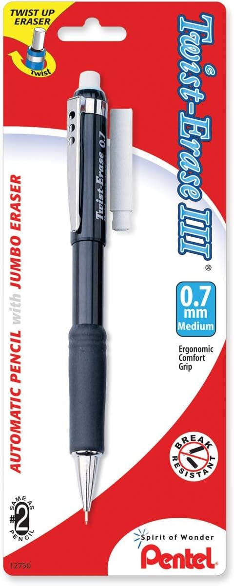 Pentel Twist-Erase III Automatic Pencil with 1 Eraser Refill, 0.7mm, Assorted Barrels, 1 Pack (QE517BP-K6)...