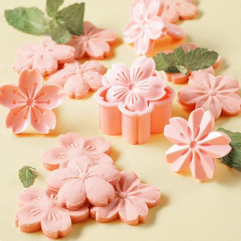 Pastry/Cookie/Fondant Stamper, 2-Inch Press Cookies Mold with 4 Stamps Pink Cherry Blossom Shape Flower Hand Pressure Pastry Tool Fondant Cutters ...