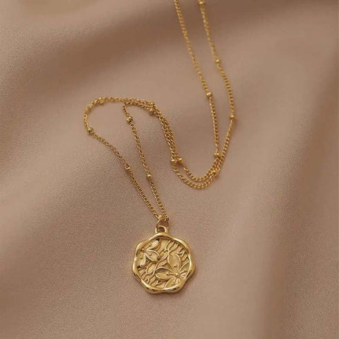ROSE & BROWNE Gold Necklace for Women | Coin Pendant on Dainty Bead Ball Chain | Flower Engraving | 18k Gold Necklace for Stacking and Layering...